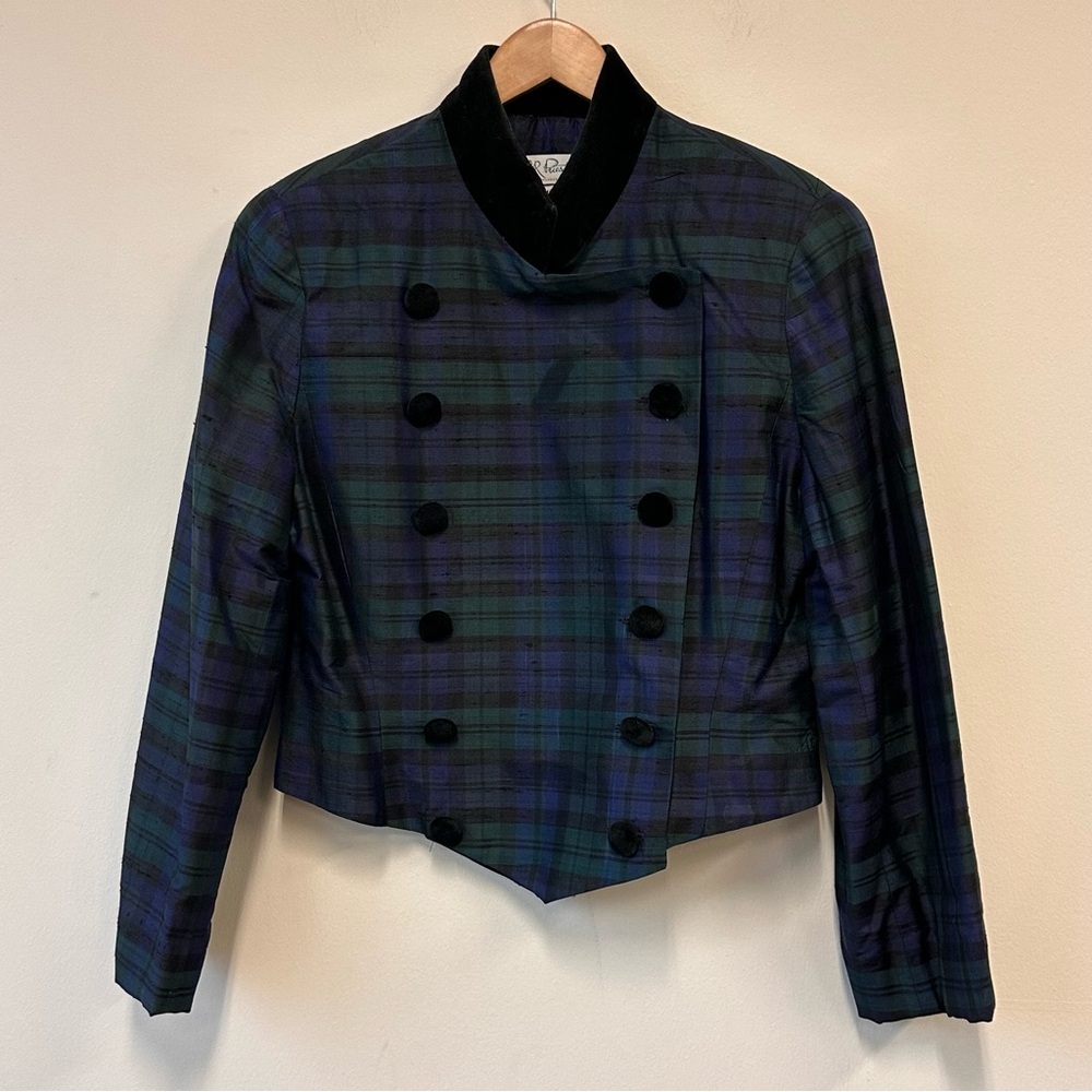 VTG Silk Plaid Double-Breasted Women's Jacket with Velvet Accents